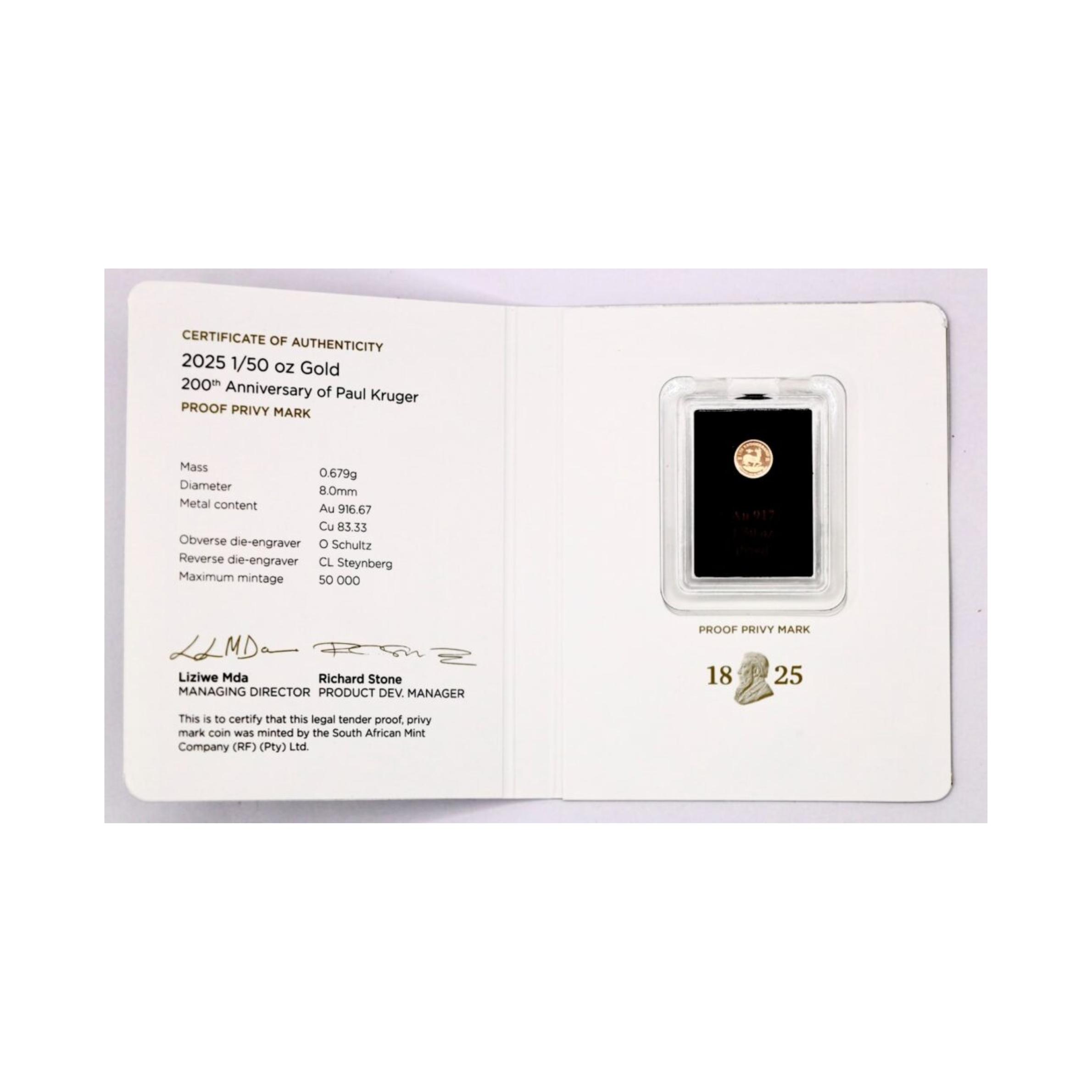 1/50 oz Gold Proof Krugerrand – 2025 Paul Kruger 200 Privy